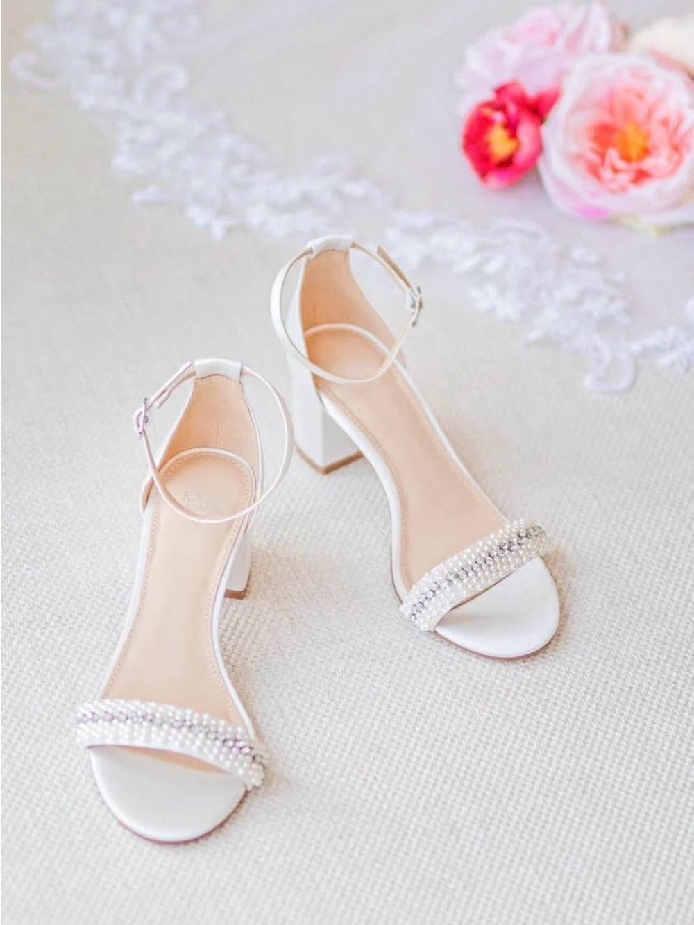 Women's White Pearl-Embellished Block Heel Sandals
